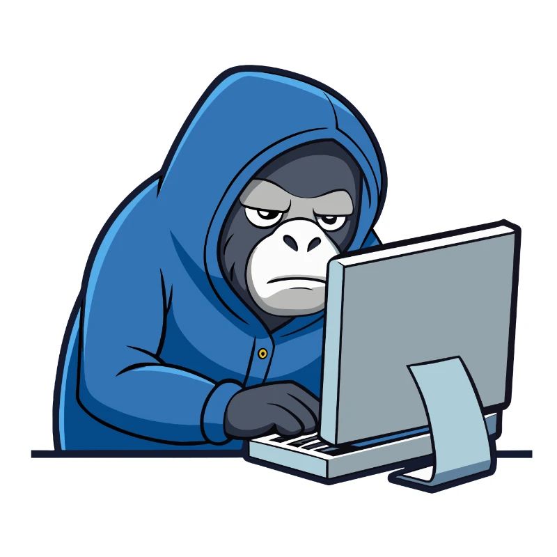 Niedlicher Hacker Gorilla im Hoodie vorm PC