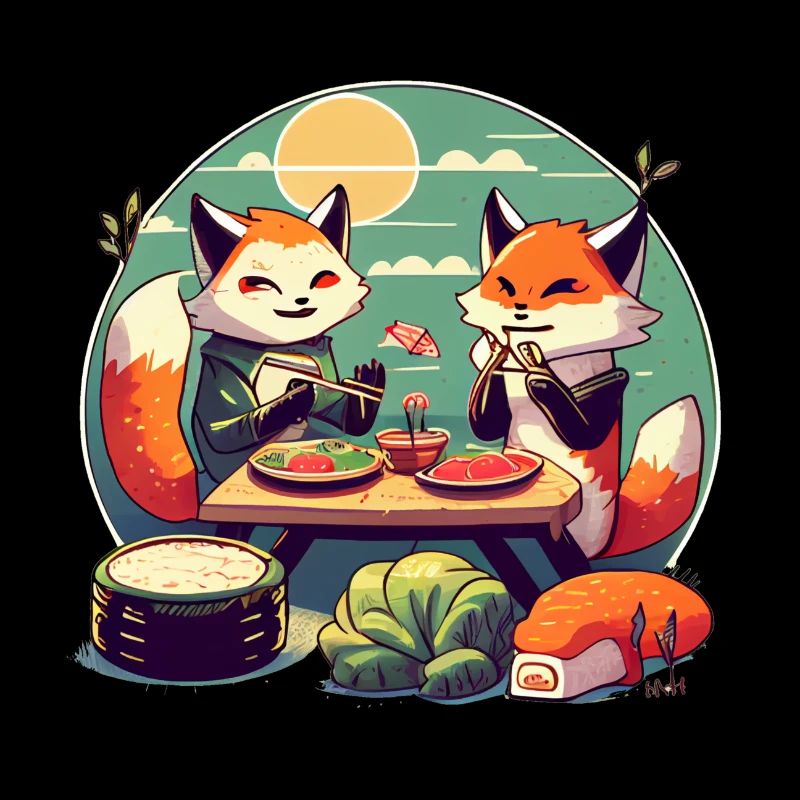 De mignons renards de dessins animés mangent des sushis ensemble