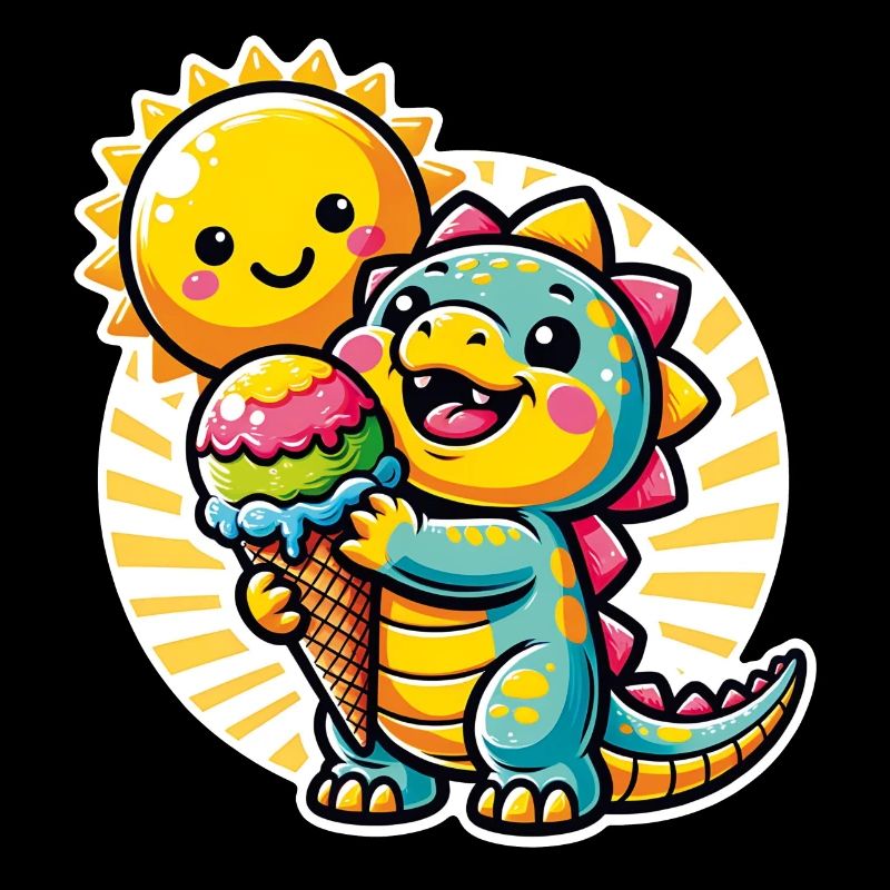 Petit dino mignon avec un grand cornet de crème glacée coloré