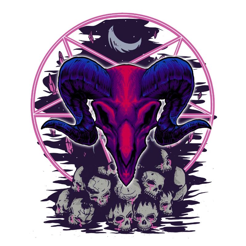 pentagram, goat head devil, on skulls