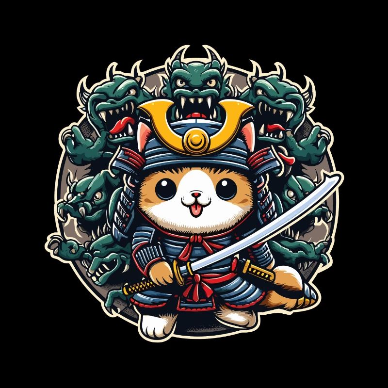 Chat ninja samouraï et monstre derrière