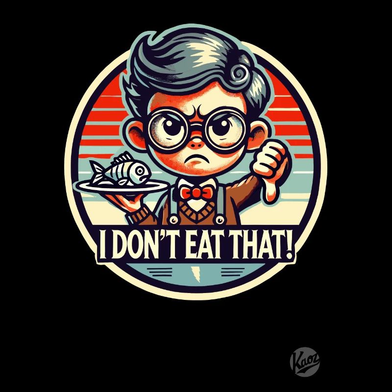 Boy with glasses and fish dish: thumbs down