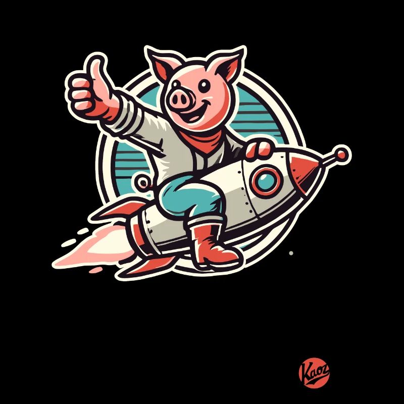 Pouce levé, un cochon sur une fusée