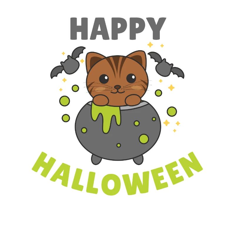 Cat Happy Halloween Witch's Cauldron Bat