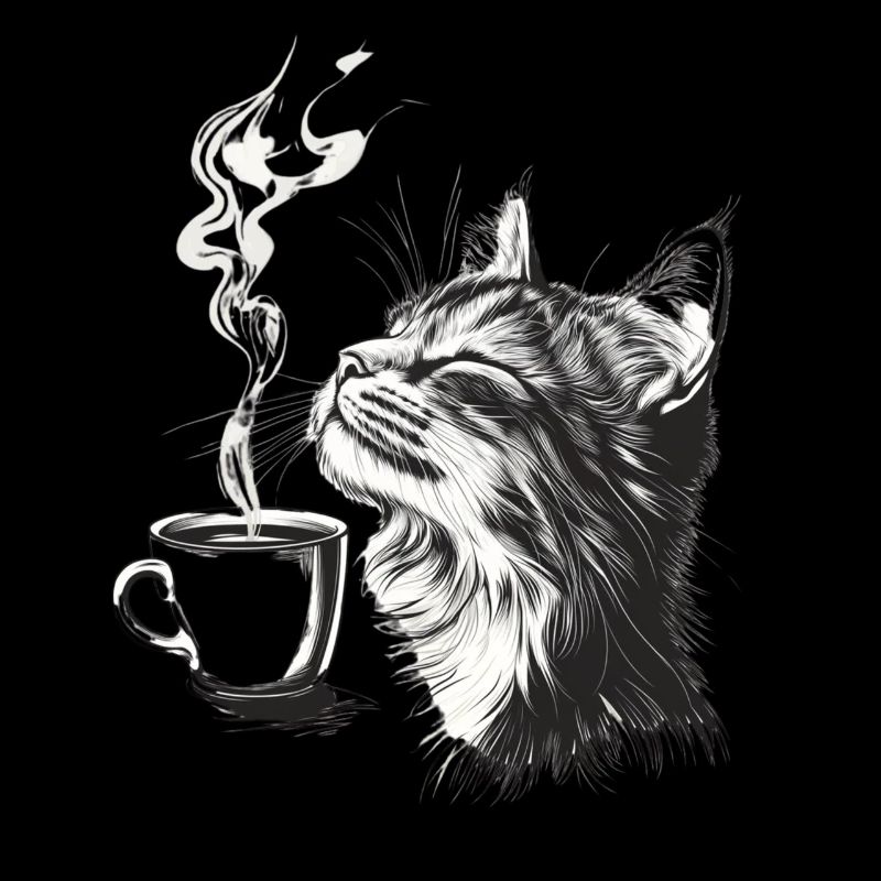 Relaxed Cat with Coffee - Sketch Style