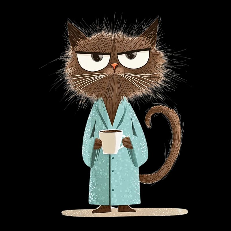 Morning grouch cat with coffee in bathrobe