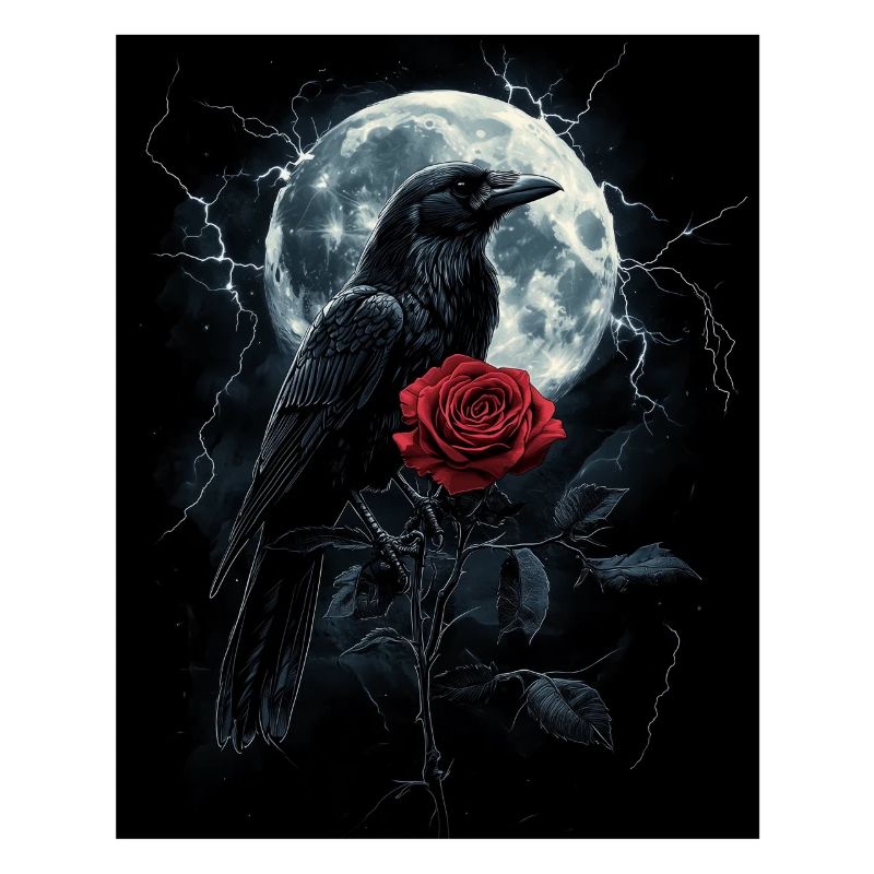 Rabe Rose Mond Düster Gothic Schwarze Krähe