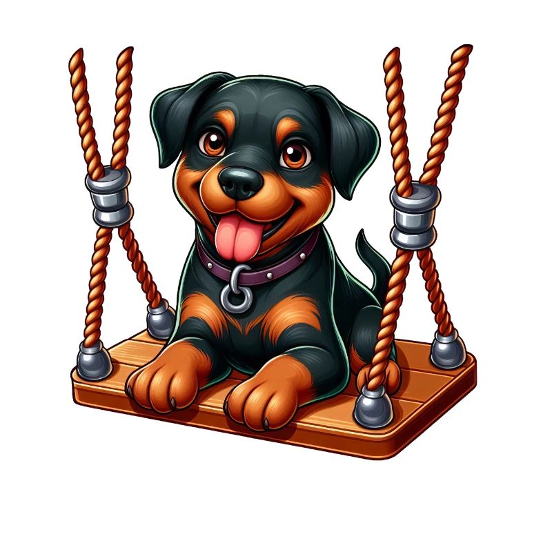 Chiot Rottweiler joyeux sur la balançoire