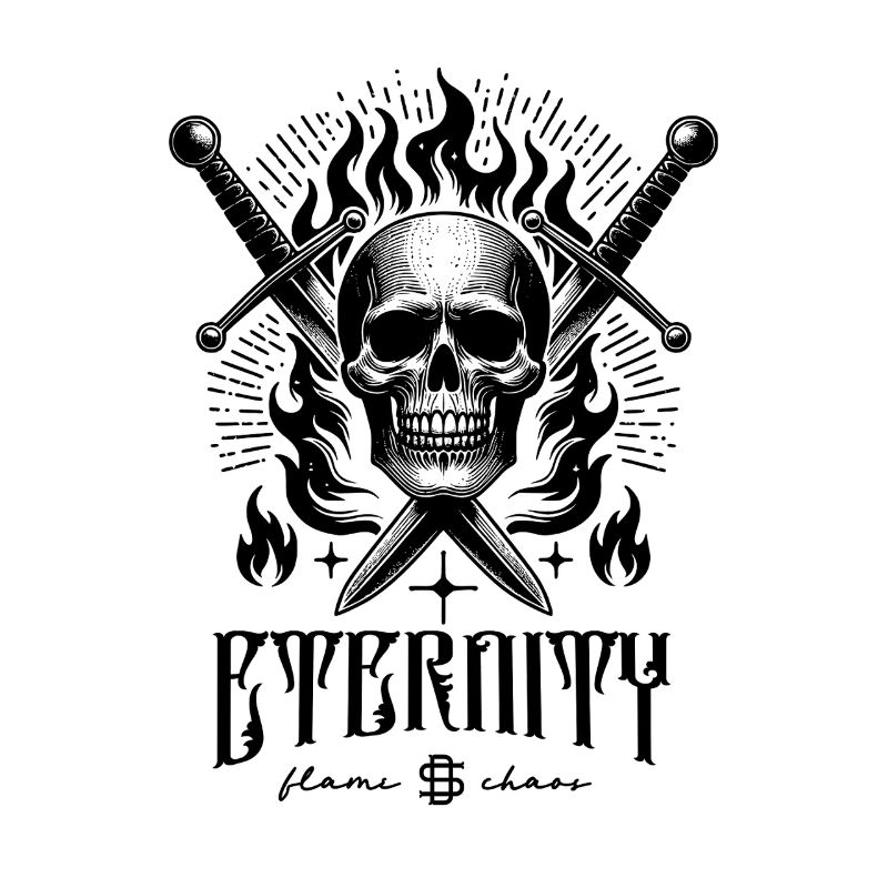 Crâne avec des épées et du feu