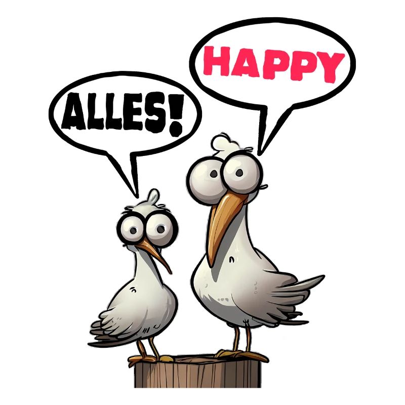 Humorous seagulls with speech bubbles everything happy