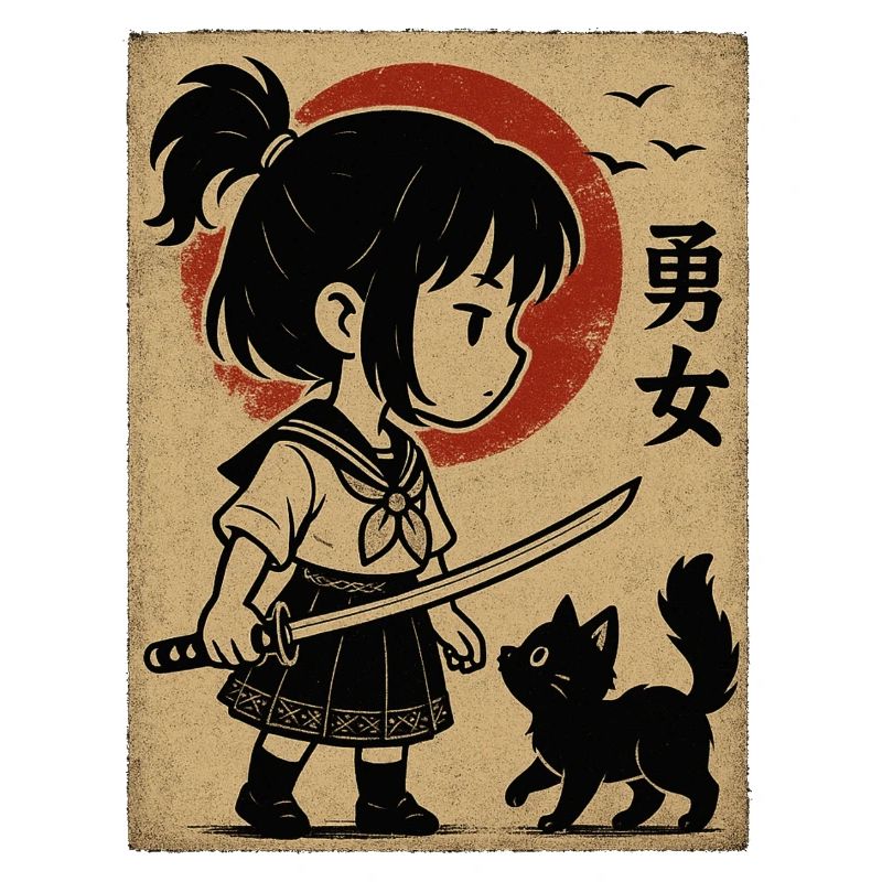 Fille courageuse avec katana et chat