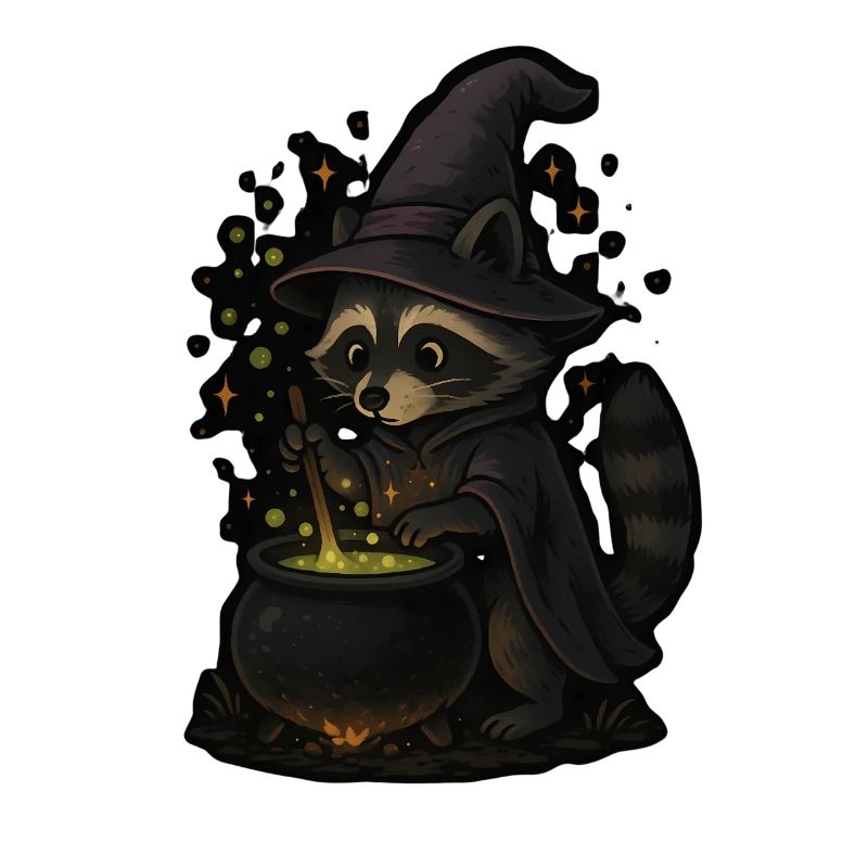 Magic raccoon as a witch with magic potion