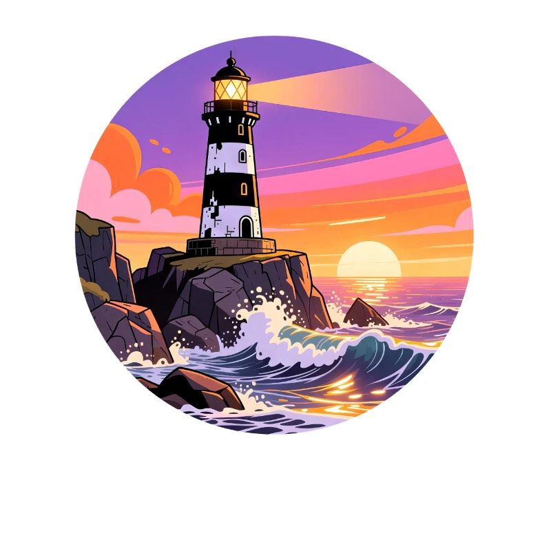 Lighthouse by the Sea Comic Style Sunset