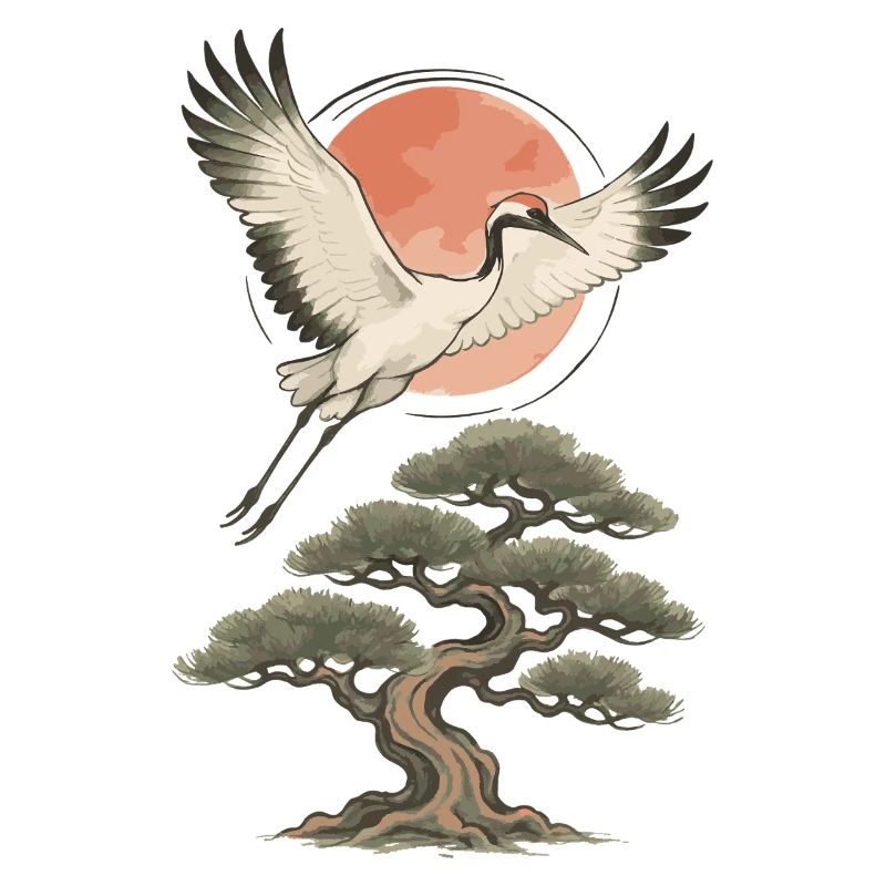 Flying Crane Over Pine Tree