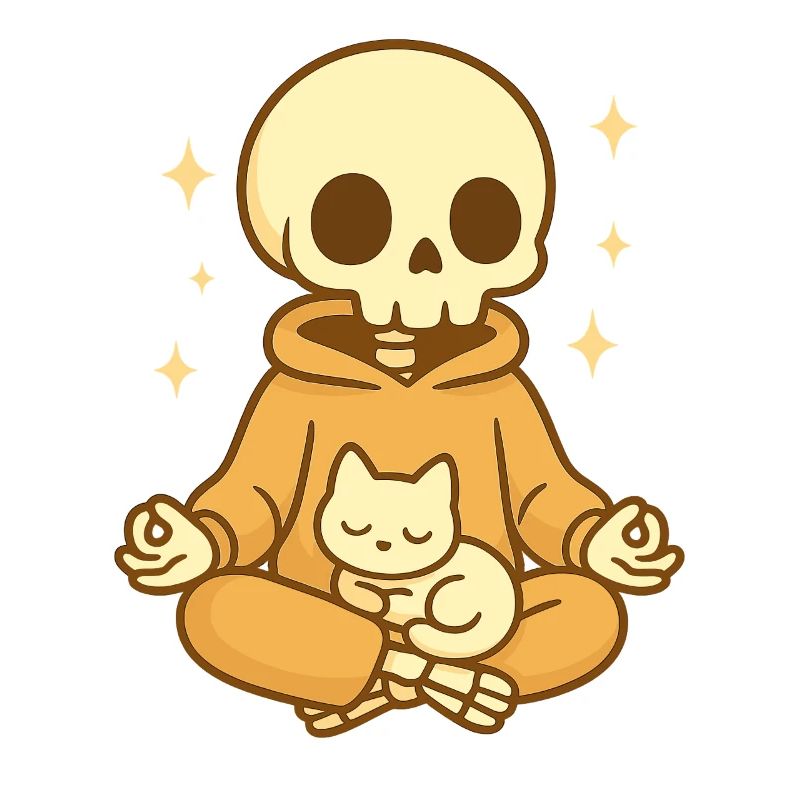 Squelette de méditation avec chat – Douillet et mignon