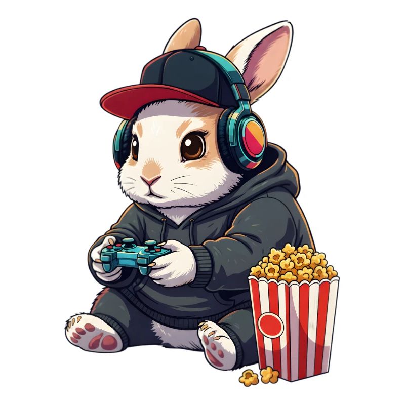 Rabbit Gamer mit Popcorn