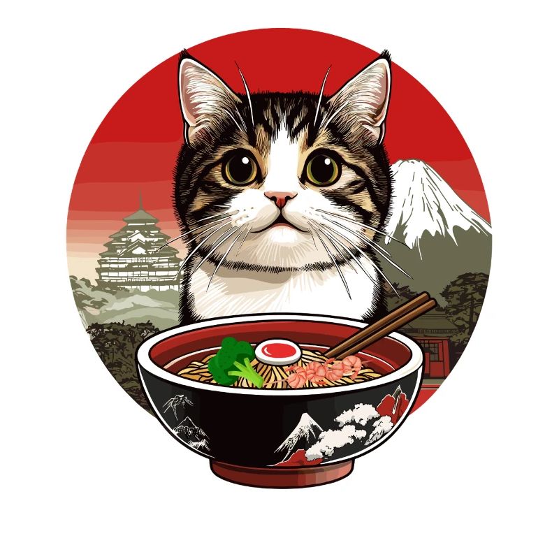 Chat avec des ramen devant le décor du Japon