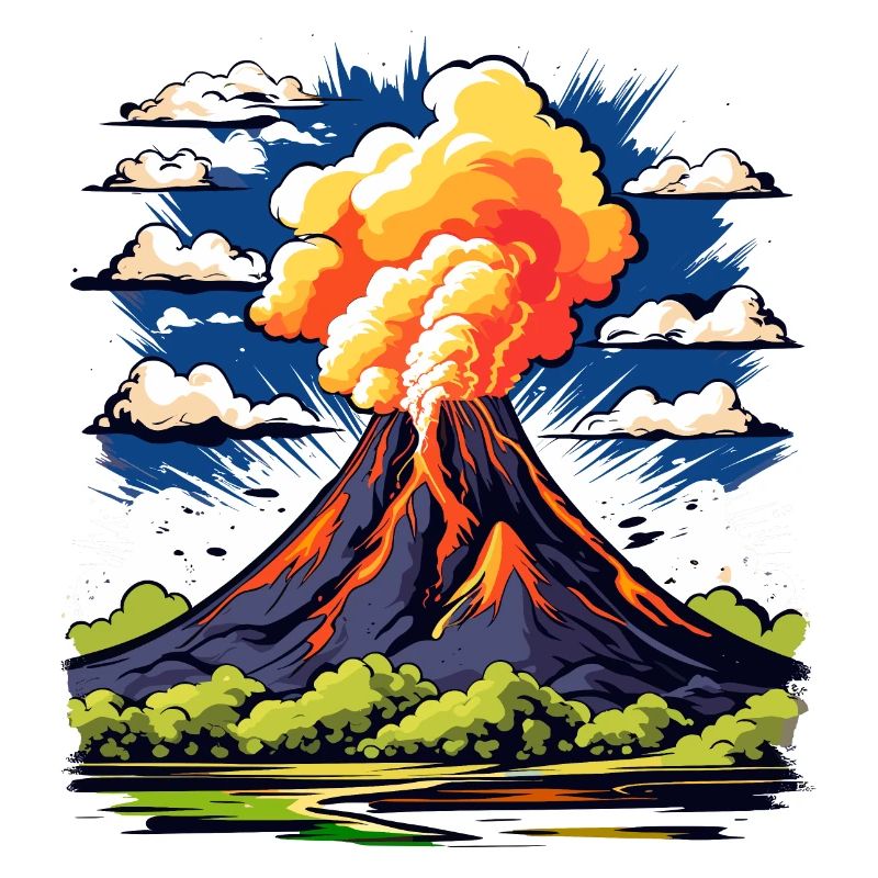 active volcano with ash cloud and lava flows