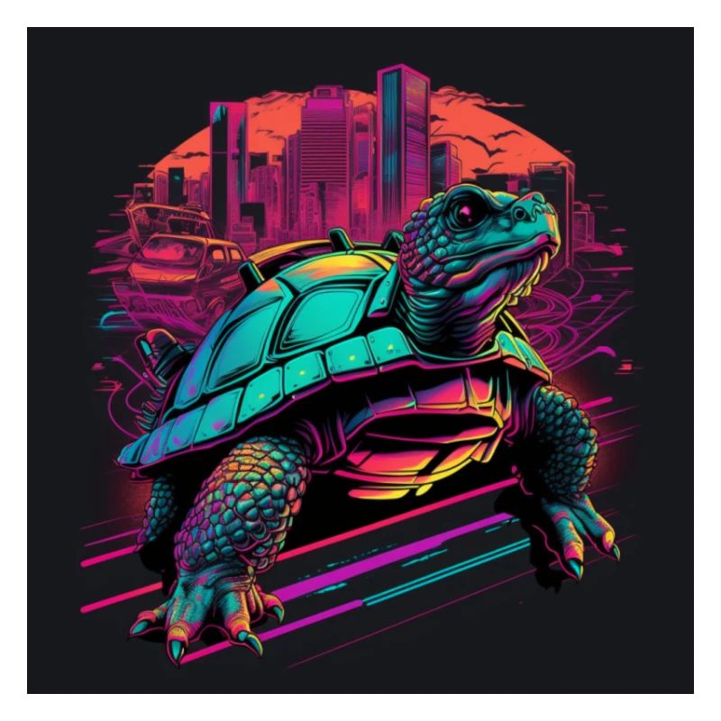 Schildkröte in Neonfarben 80er Synthwave Style