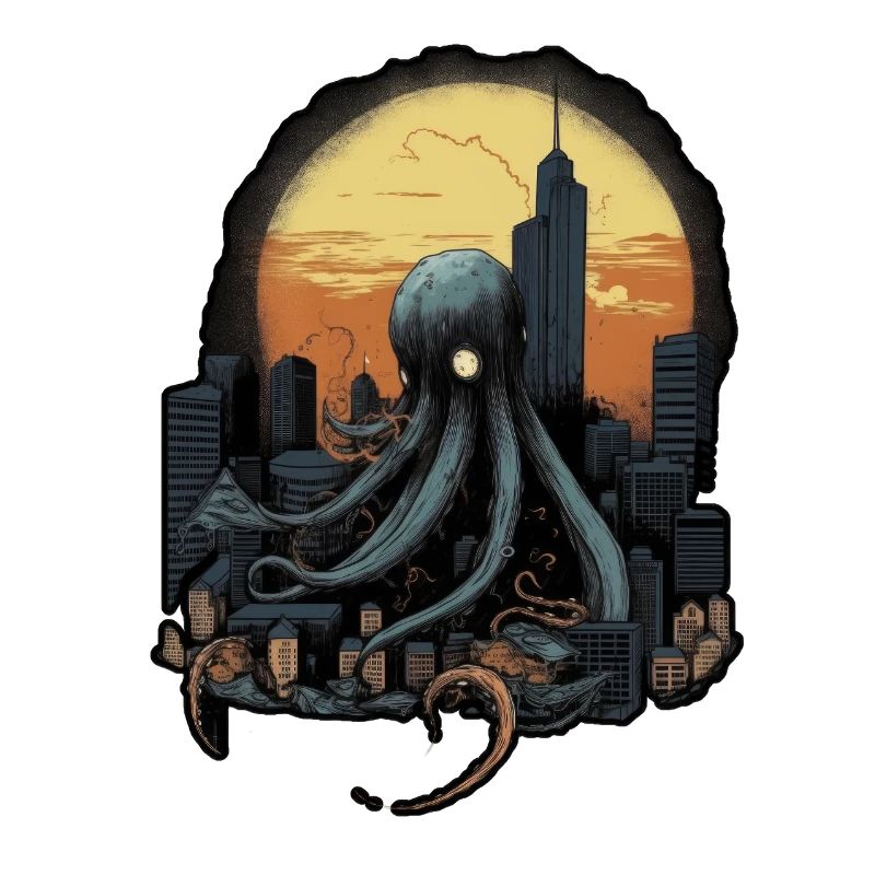 Giant Octopus Squid atacking the city on a sunset