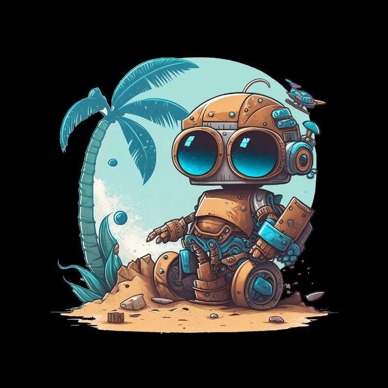 A small robot on the beach under a palm tree