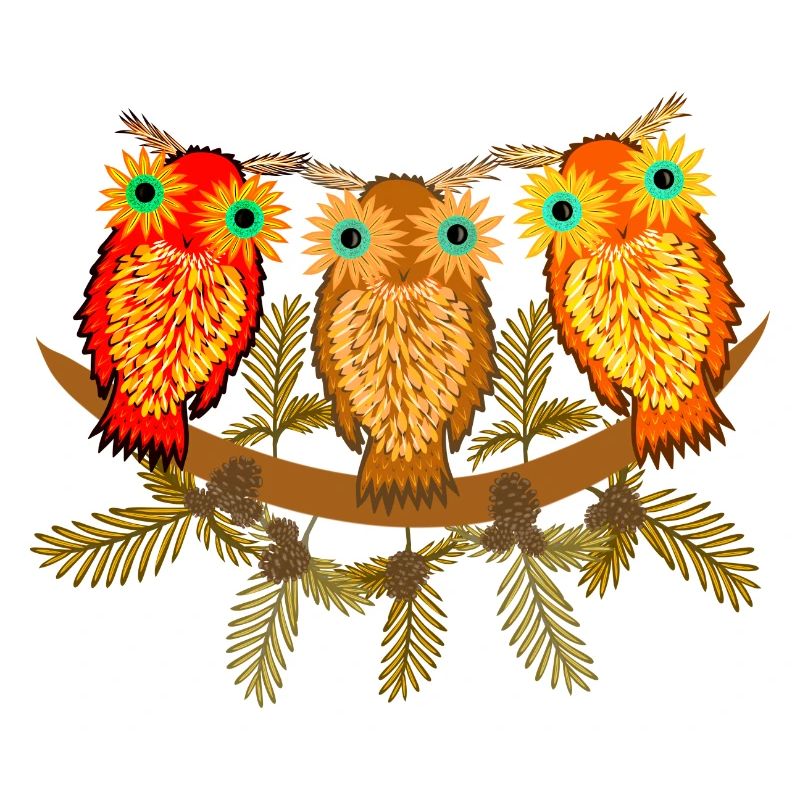 Three colorful owls with pine tree branches