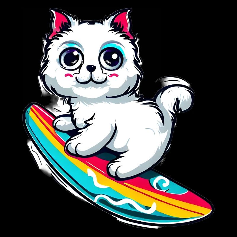 Weiße Katze auf buntem Surfboard