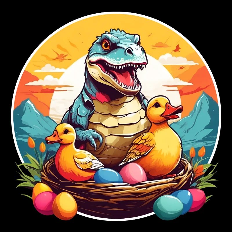 Petit Dino dans le panier de Pâques, bébé Dino et oeufs de Pâques.