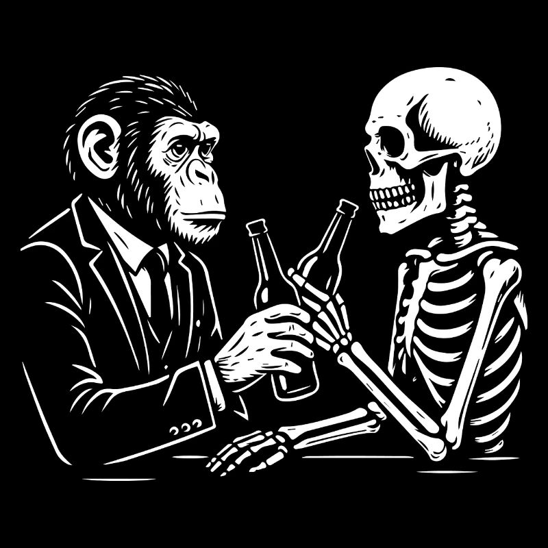monkey and skeleton drinks beer in the pub.