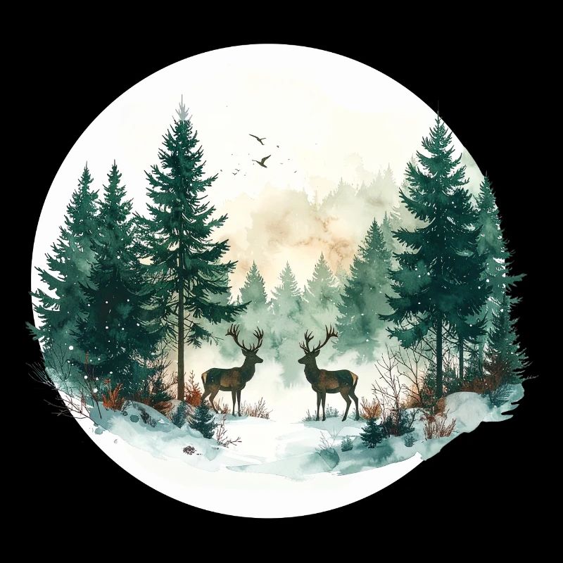 Animaux de la forêt dans la forêt – Aquarelle de Noël