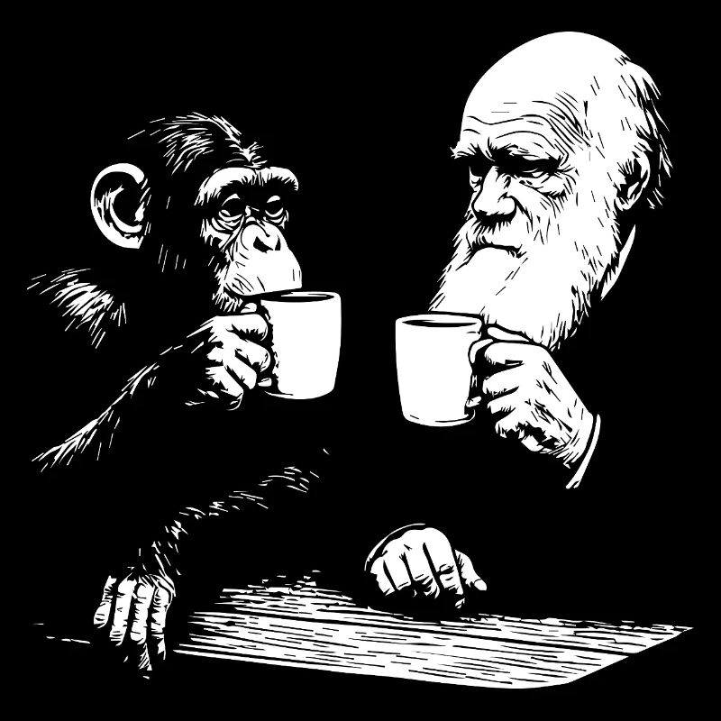 Darwin and monkey drinking Coffee 