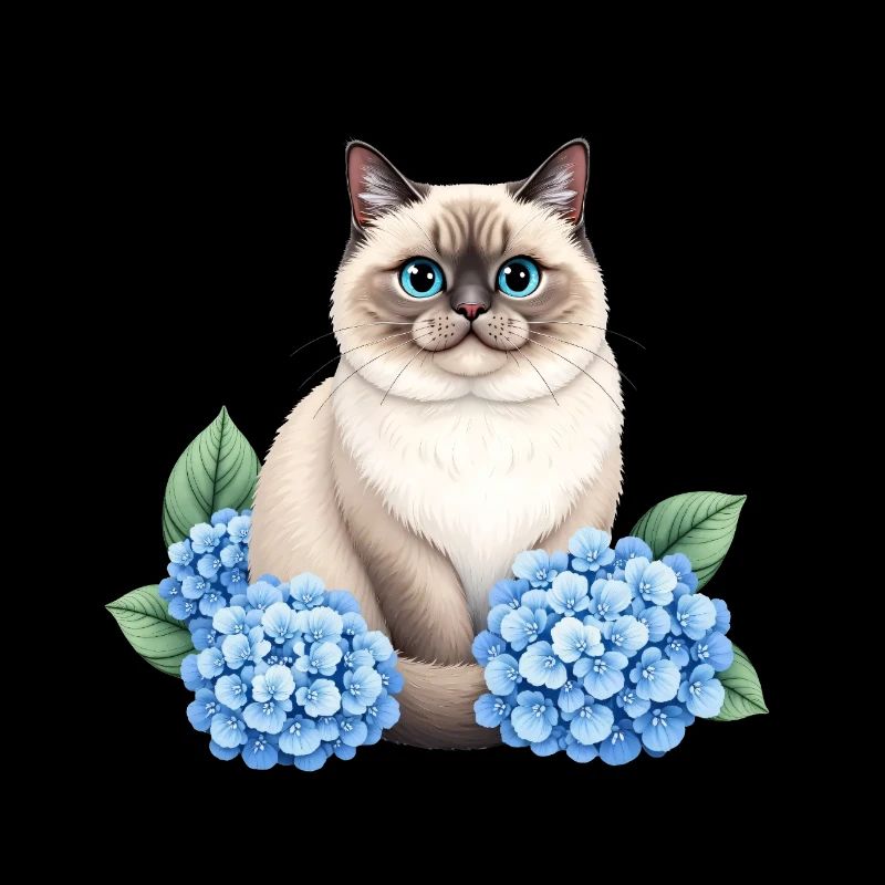 Cute Ragdoll Cat with Blue Hydrangeas