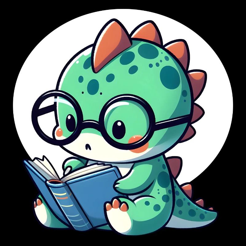 Dino with reading glasses reading book