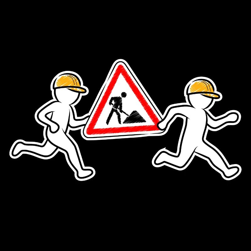 Two construction workers carry a construction site sign