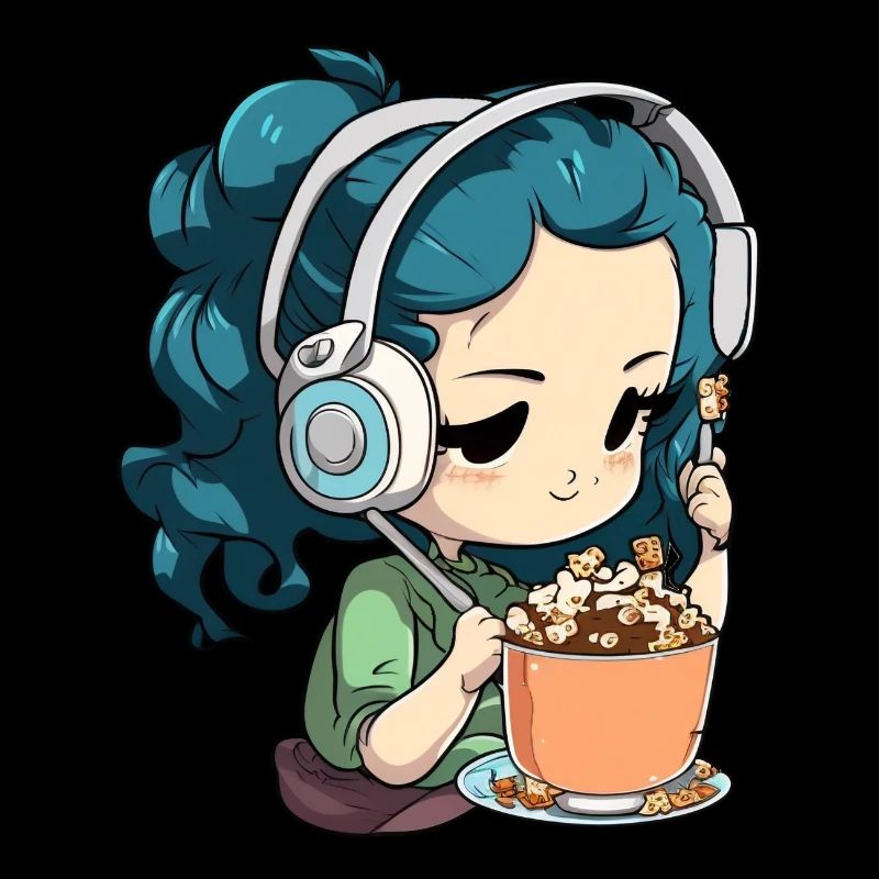 Mädchen mit Kopfhörern hört Musik und isst Müsli