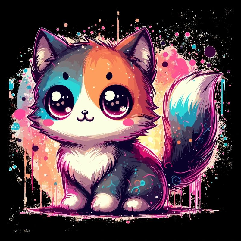 Chibi chat bicolore aquarelle éclaboussure
