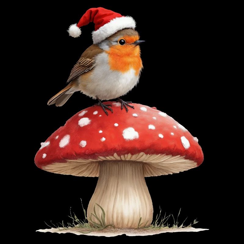 Robin en chapeau de Père Noël sur un champignon rouge