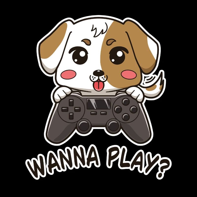 Süßer kleiner Comicstil Welpe mit Gamepad