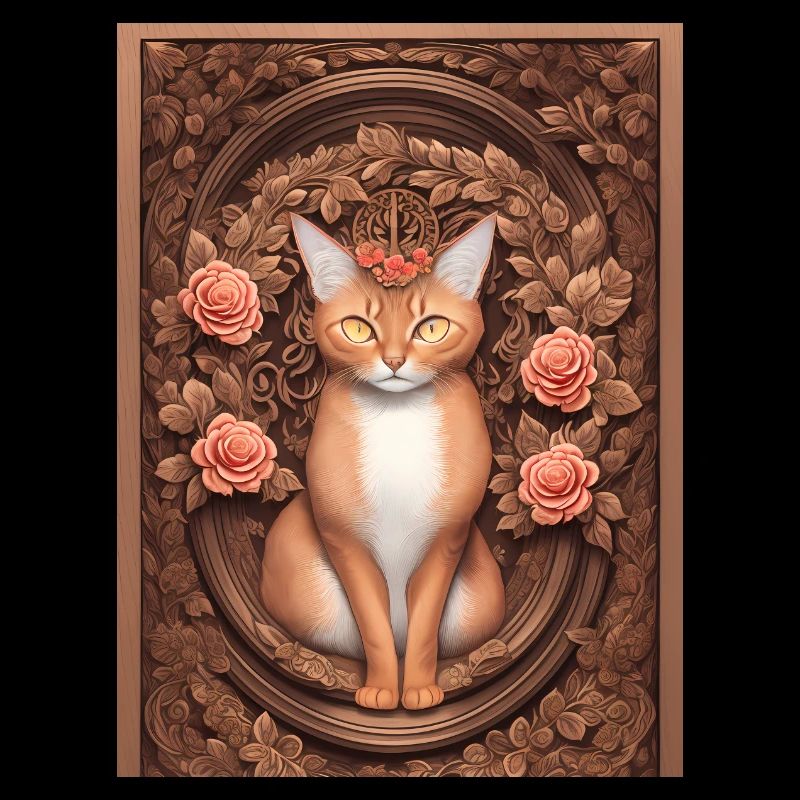 Gravure sur bois d’un chat avec des roses
