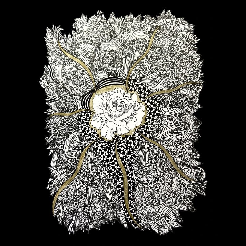 Mandala de fleurs dorées avec accent de rose