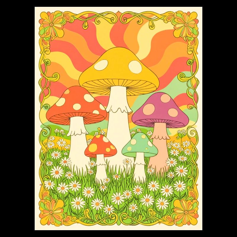 Psychedelische Pilze in groovy Farben der 70er