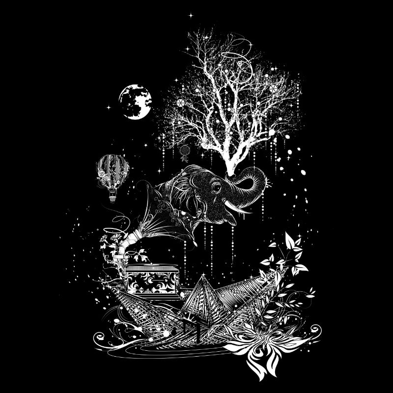Elephant, paper ship and tree-surreal design