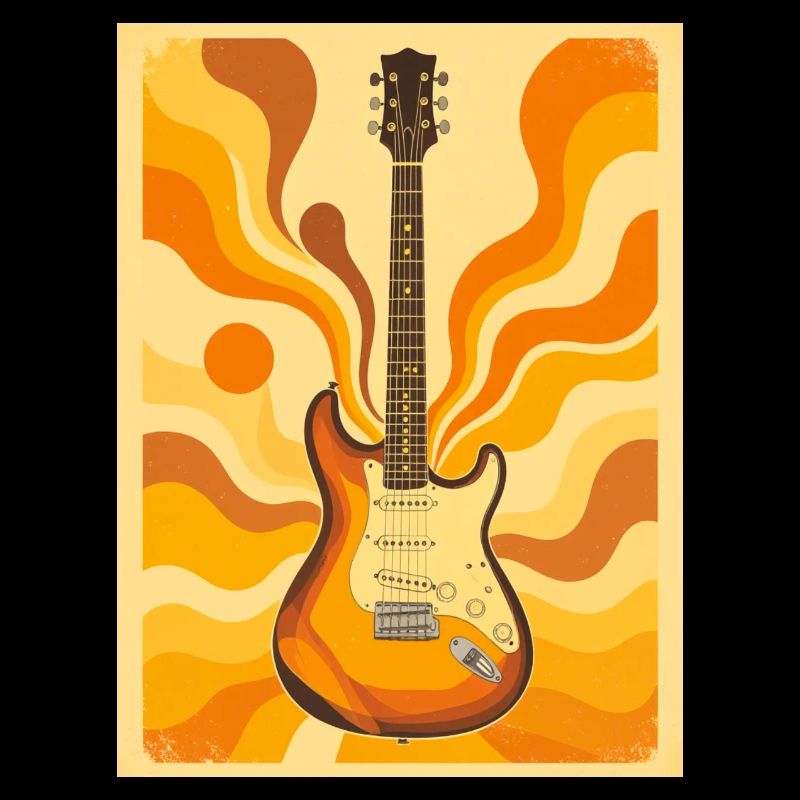 Psychedelische Retro-Gitarre mit lebendigen Siebzigern