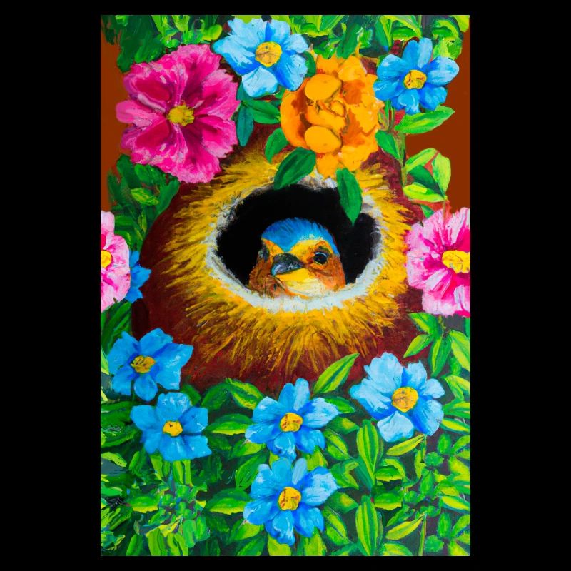 Oiseau dans son nid entouré de fleurs
