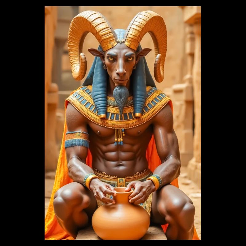 Khnum, ram-headed god, shaping a human from clay.