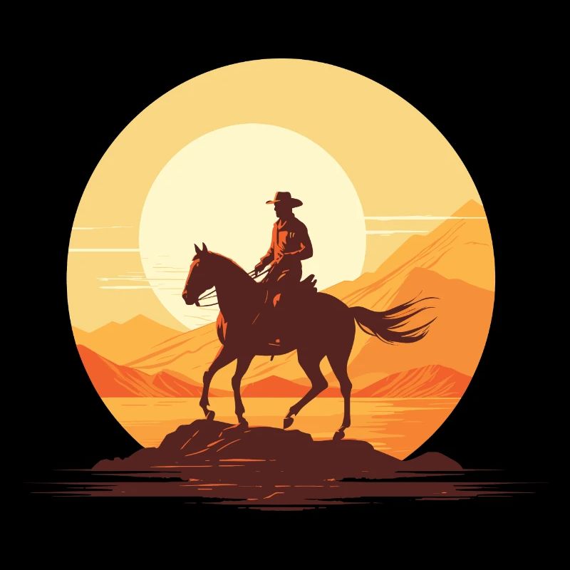 Cowboy sur son cheval au couché de soleil