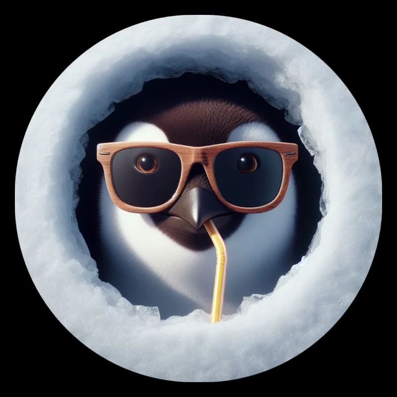 Pinguin mit Sonnenbrille und Strohhalm durch Eis
