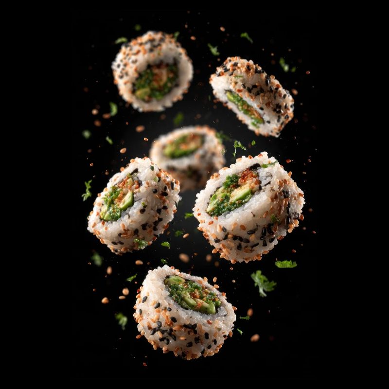 Explosion de rouleaux de sushi au sésame