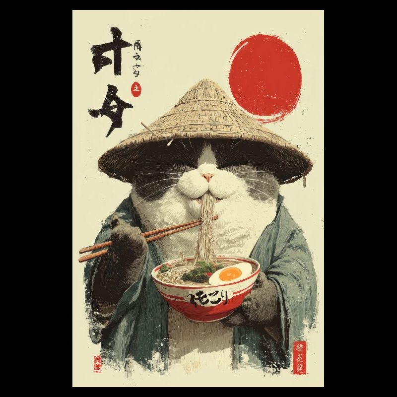 Chat samouraï mangeant des ramen