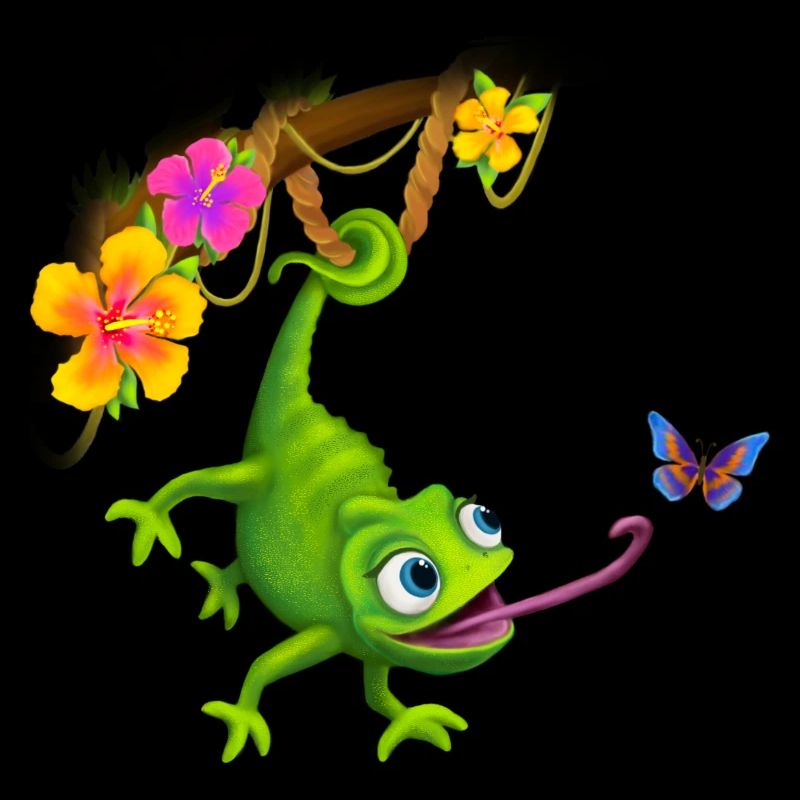 Caméléon avec papillon et fleurs